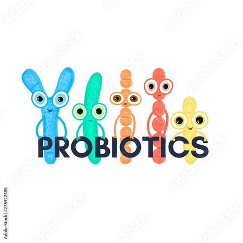 Probiotics. Lactic acid bacterium. Bifidobacterium, lactobacillus, streptococcus thermophilus, lactococcus, propionibacterium Microbiome. Microbiota. Cute characters. Gastrointestinal health. Vector