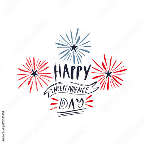 Doodle hand drawn lettering poster or card with shooting stars firework, celebrate USA holiday Independence day, fourth July. American flag colors. Congrats, 4th of July. Vector.
