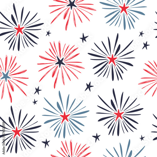 Hand drawn doodle 4th of July seamless pattern with fireworks. Vector illustration.