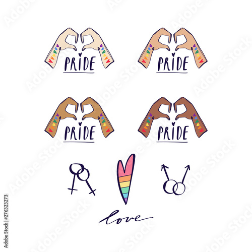 Two hands showing heart shape. LGBTQ related symbol in pink and rainbow colors. Gay Pride. Different skin colors. Print for poster, cards, t-shirts and more. Vector.