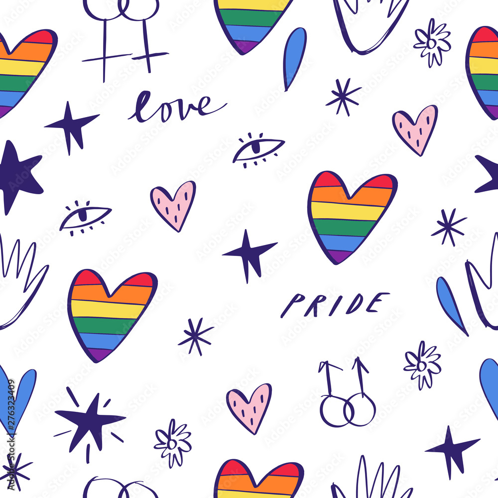 Abstract hand drawn doodles seamless pattern. Pride, love and peace  lettering, rainbow hearts. Gay parade wallpaper. LGBTQ rights symbol.  Background, textile, fabric print. Vector. Stock Vector | Adobe Stock