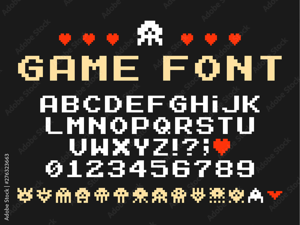 Set of vector letters in retro style. Game design. Font of old games. 8 bit letters and numbers vector alphabet.