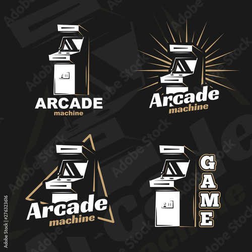 Vector image. Illustration of a logo, emblem, company element. Game design, old, retro, vintage arcades. Arcade machine slot machine board games