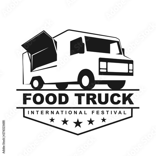 Vector logo in monochrome style. Black and white illustration on the theme of private business. Family business. Food truck. Fast food  a car with food. Vegetable groceries. Image for logo  emblem.