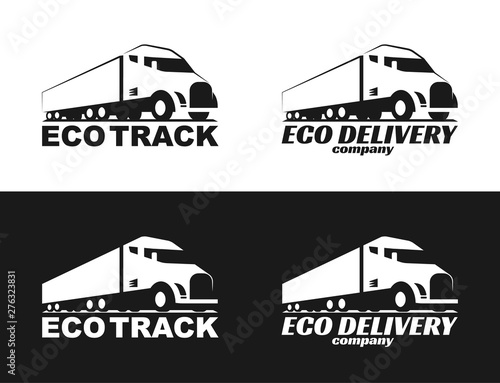 Vector eco truck logo. Emblem, banner, logotype of the logistics center, eco delivery, freight, heavy cargo. Black and white color. Monochrome style.