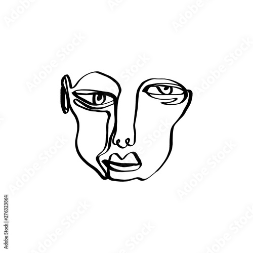 Hand drawing face line art in cubism style. Monochrome print for clothes, textile and other. Vector.