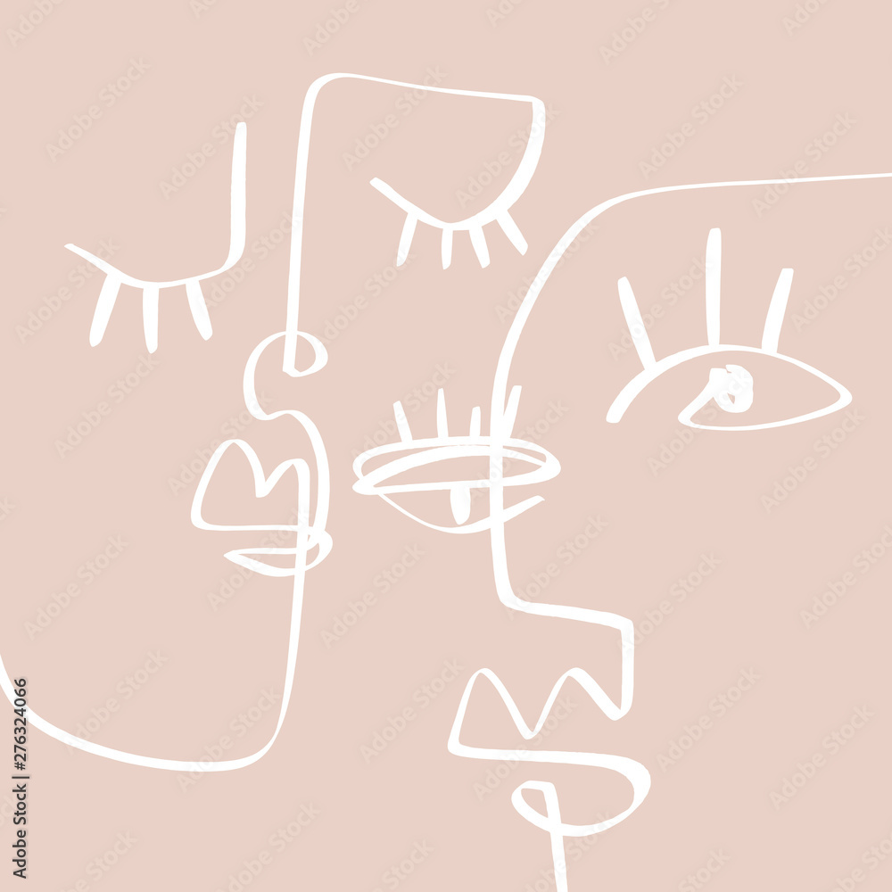 Gordijnen met Hand tekenen vrouw gezicht lijntekeningen in kubisme stijl. Kleurenafdruk voor kleding, textiel en andere. Vector. #276324066