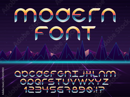 Color, bright font in the old style. Vector, vintage alphabet. Style 80 s, 90 s retro posters. Color gradient. Futuristic style.