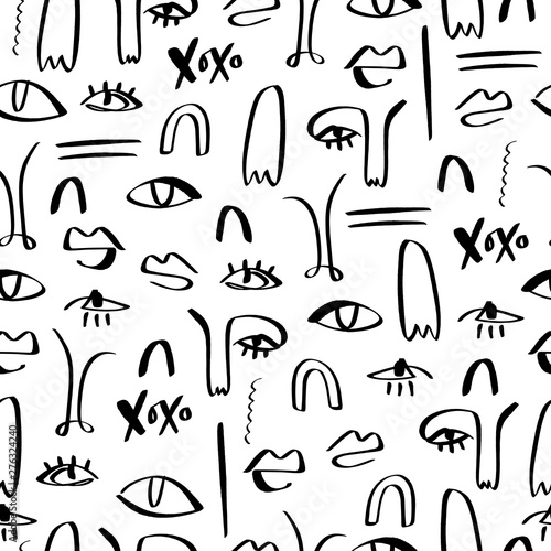 One line drawing abstract faces seamless pattern. Modern aesthetic print, minimalism, contour line art. Continuous with people faces. Vector.