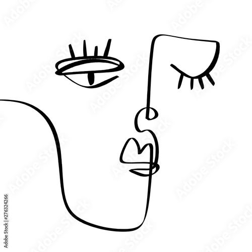 Hand drawing face line art in cubism style. Monochrome print for clothes, textile and other. Vector.