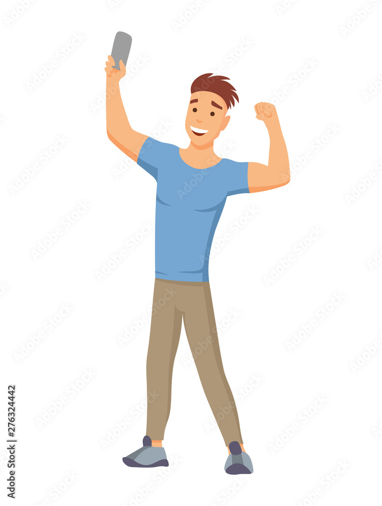 Selfie concept with young man standing and make a self portrait with mobile phone camera in flat style. Selfie concept with young man standing and make a self portrait with mobile phone camera in flat style.