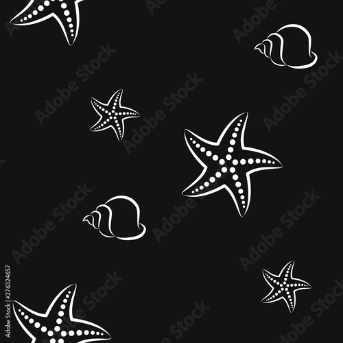 Starfish and shell. Pattern. Seamless vector illustration. Art Line. Flat.
