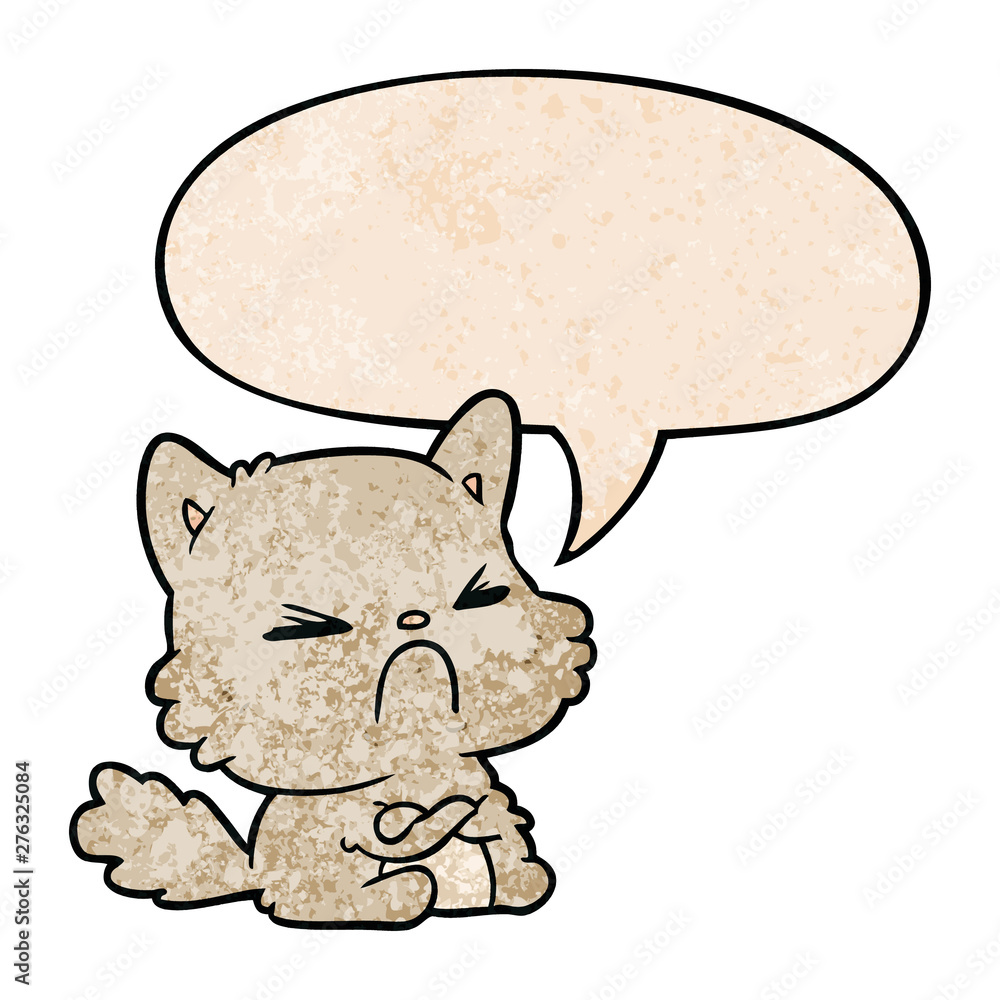 cute cartoon angry cat and speech bubble in retro texture style cute cartoon angry cat and speech bubble in retro texture style