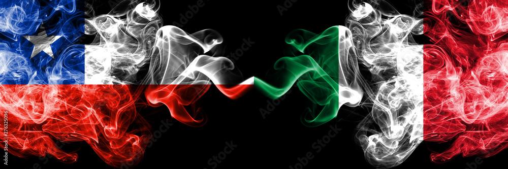 Chile vs Italy, Italian smoky mystic flags placed side by side. Thick colored silky smokes combination of Italy, Italian and Chilean flag Chile vs Italy, Italian smoky mystic flags placed side by side. Thick colored silky smokes combination of Italy, Italian and Chilean flag