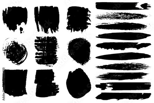 A set of grunge vector brushes. Strokes of black paint on white paper.