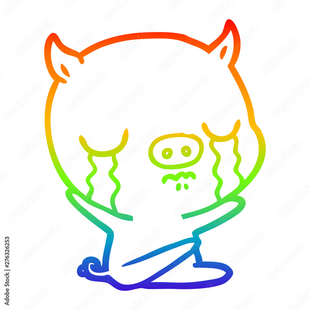 Obraz premium rainbow gradient line drawing cartoon sitting pig crying