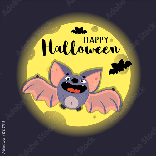 Cute bat flying at night by the light of the moon. Vector illustration in cartoon style with inscription  Happy Halloween . Happy flittermouse for festive design.