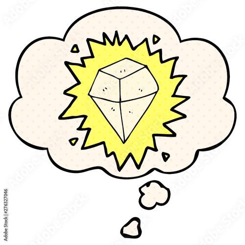 cartoon shining crystal and thought bubble in comic book style