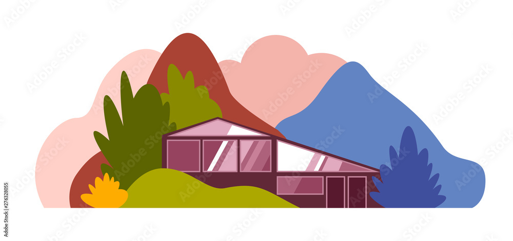 Modern house in the forest among the hills, mountains and forests. Vector illustration.