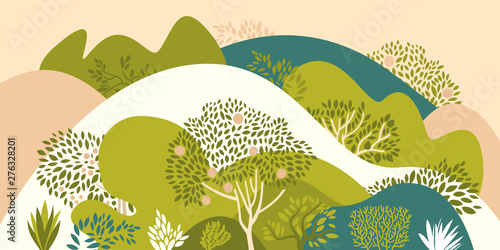 Hilly landscape with trees, bushes and plants. Growing plants and gardening. Protection and preservation of the environment. Earth Day. Vector illustration.