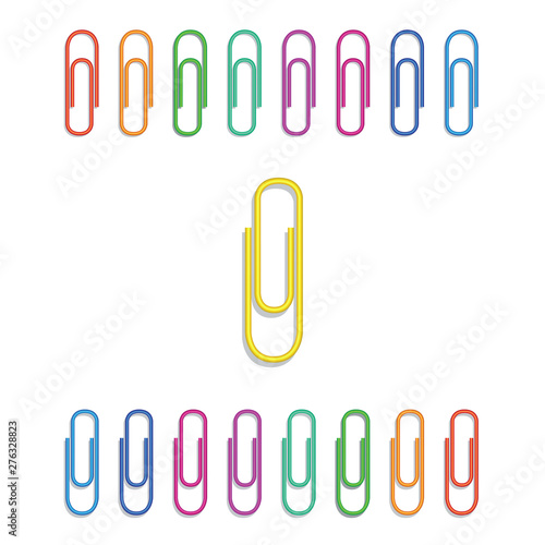 Set of realistic multi colored paper clips isolated on white background. Design element for school supplies. Stationery and office supply. Vector illustration