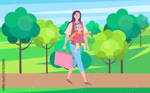 Woman holding bag vector, mother with child walking in city park with buildings. Family baby and mom, brunette character with kid pastime of people