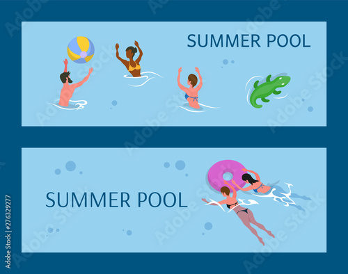 People playing volleyball, summer aqua activity. Man and woman wearing swimwear, splashing in water, pool in summer, swimming females with inflatable rubber circle vector