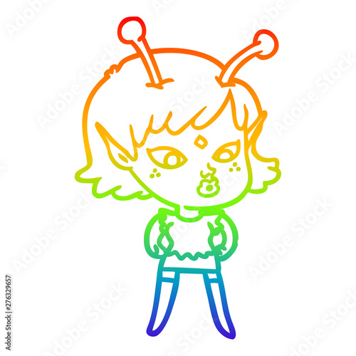 rainbow gradient line drawing pretty cartoon alien girl