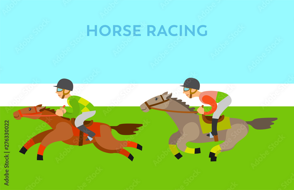 Horse racing, jockey riding by horseback, side view of people wearing ...