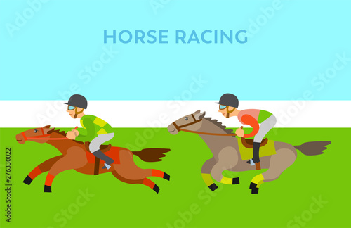 Horse racing, jockey riding by horseback, side view of people wearing helmet, loping of fast animals, competition of males character and stallions vector