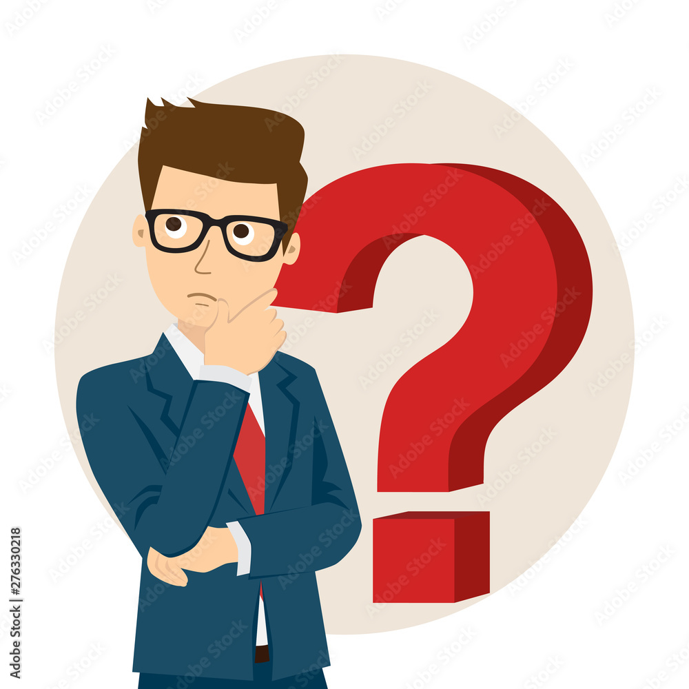 Businessman thinking, question mark.Thinking, contemplating, asking, himself.Vector illustration Businessman thinking, question mark.Thinking, contemplating, asking, himself.Vector illustration