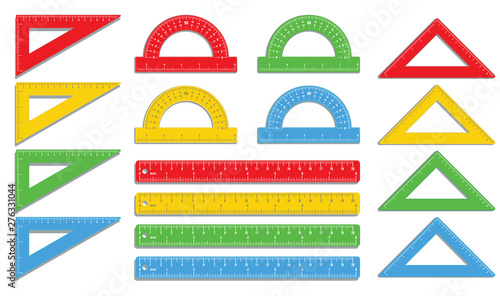 Set of realistic colorful rulers, protractors, triangles isolated on white background, measuring ruler tool marked in inch and centimeters, school supplies, office supply. Flat icon design