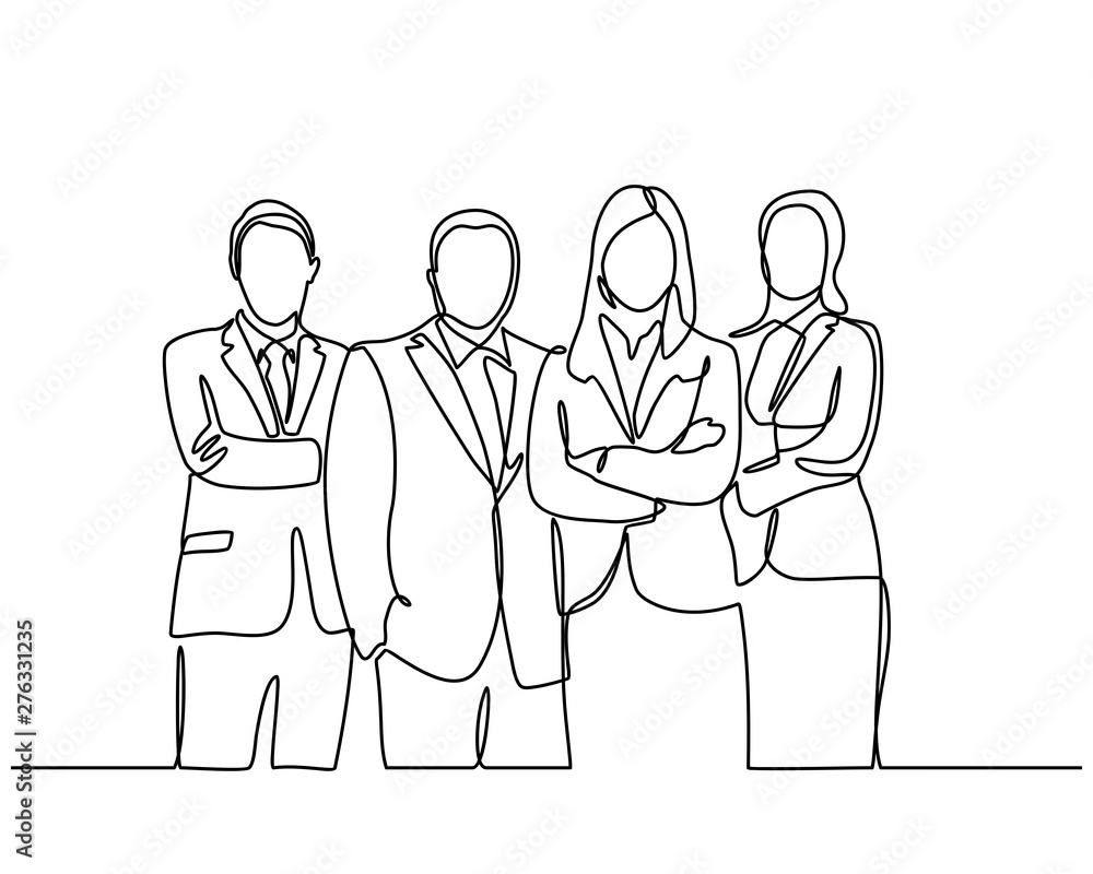 Continuous line drawing of businessman and businesswoman standing. business partners discussing documents and ideas at meeting. vector illustration isolated on white background. Continuous line drawing of businessman and businesswoman standing. business partners discussing documents and ideas at meeting. vector illustration isolated on white background.