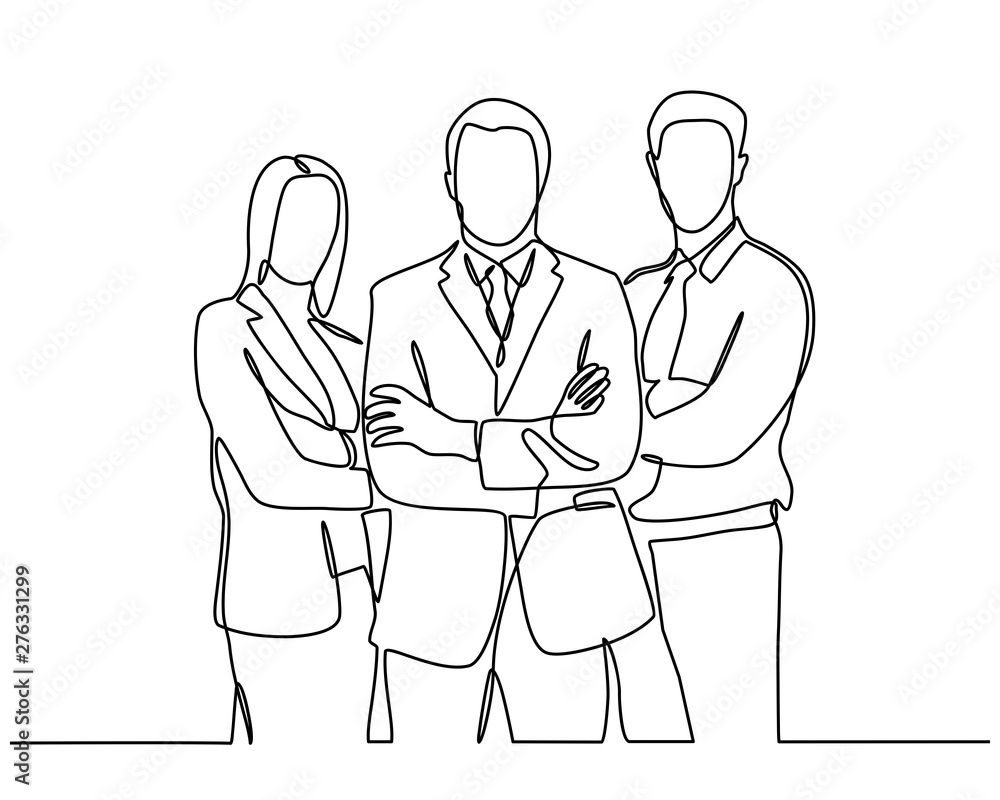 Continuous line drawing of businessman and businesswoman standing. business partners discussing documents and ideas at meeting. vector illustration isolated on white background.