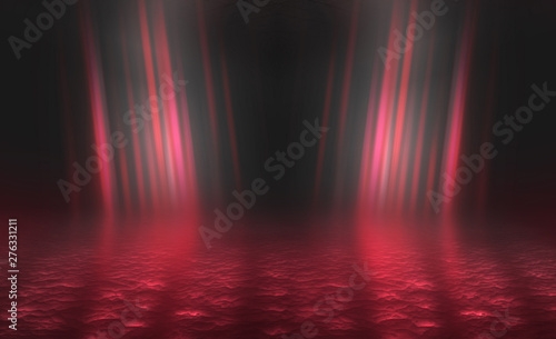 Empty background scene. Dark reflection of the street on the wet asphalt. Rays of red neon light in the dark, neon figures, smoke. Background of empty stage show. Abstract dark background.