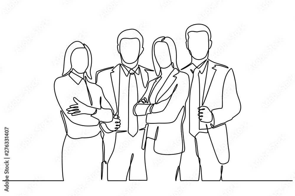 Continuous line drawing of businessman and businesswoman standing. business partners discussing documents and ideas at meeting. vector illustration isolated on white background. Continuous line drawing of businessman and businesswoman standing. business partners discussing documents and ideas at meeting. vector illustration isolated on white background.