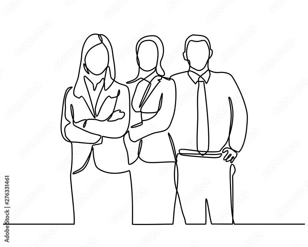 Continuous line drawing of businessman and businesswoman standing. business partners discussing documents and ideas at meeting. vector illustration isolated on white background. Continuous line drawing of businessman and businesswoman standing. business partners discussing documents and ideas at meeting. vector illustration isolated on white background.