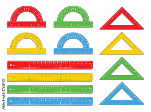 Set of realistic colorful rulers marked in inch and centimeters with colored protractors and triangles isolated on white background. Measuring tool. School supplies. Stationery. Flat icon design photo