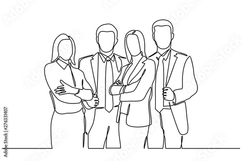 Continuous line drawing of businessman and businesswoman standing. business partners discussing documents and ideas at meeting. vector illustration isolated on white background.