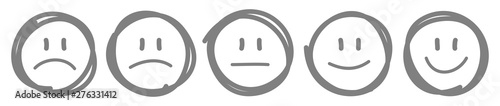5 Handgezeichnete Gesichter Feedback/Stimmung Kontur Grau