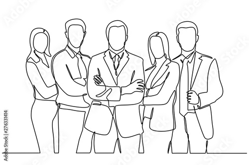 Continuous line drawing of businessman and businesswoman standing. business partners discussing documents and ideas at meeting. vector illustration isolated on white background.