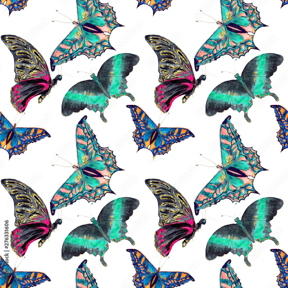 Obraz premium Hawaiian Tropical jungle colorful watercolor hand drawn butterflies seamless pattern 