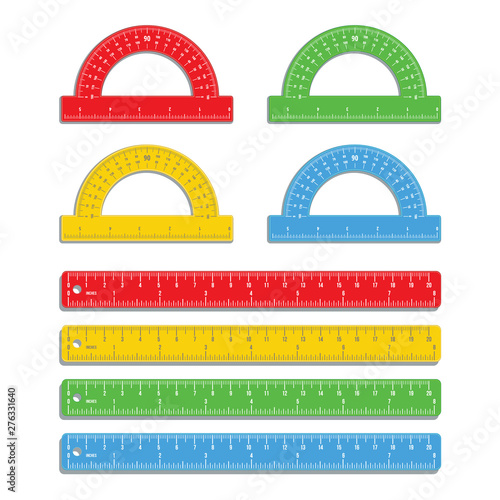 Set of realistic colorful rulers marked in inch and centimeters with colored protractors isolated on white background. Measuring tool. School supplies. Flat icon design in red, blue, yellow color