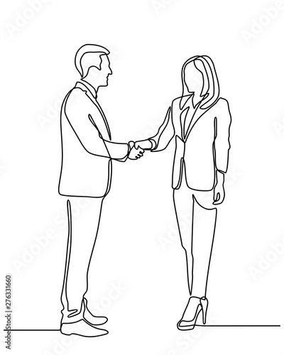 continuous line drawing of business people meeting with handshake. business partners discussing documents and ideas at meeting . two women talking. vector illustration isolated on white background.