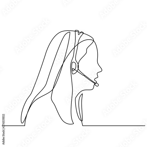 continuous line drawing of operator with headsets. Call center operator woman with headsets working. Customer Service Representative. vector illustration isolated on white background.