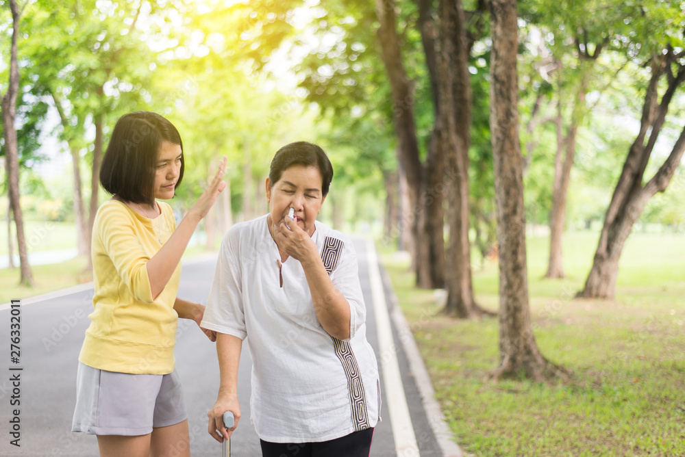Elderly asian women with faint and using inhaler,Take care and support concept Elderly asian women with faint and using inhaler,Take care and support concept