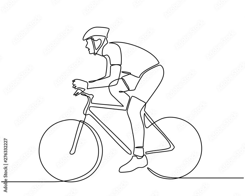 Fototapeta Ciągłe rysunki liniowe rowerzysty na rowerze na białym tle. Motywacja i inspiracja do uprawiania sportu. Sportowcy sportowi męscy jeżdżą na rowerach. Ilustracji wektorowych