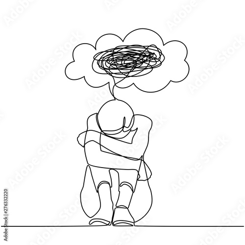 Continuous line drawings of young woman feeling sad, tired and worried about suffering from depression in mental health. problems, failures and concepts of heartbreak isolated on white background