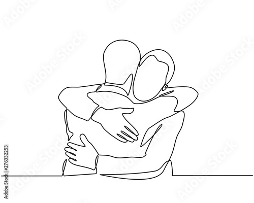 Continuous line drawings of cheerful friends embracing each other. Two young guys hugging each other. Feel happy friends meet with hugs isolated on white background. hugging. embracing. Vector