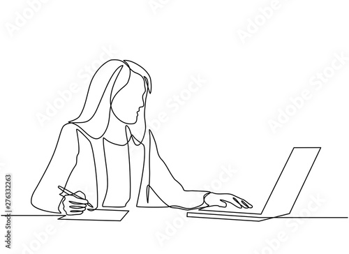 continuous line drawing of professional young business woman using mobile digital tablet computer work and writing work plan on personal notebook isolated on white background